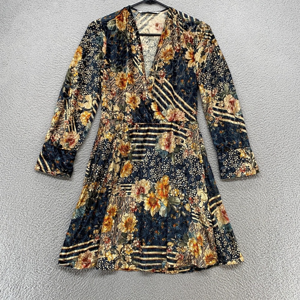 Zara Dress Womens Small Velvet Y2K Faux Wrap Dark Romantic Patchwork Boho Fall